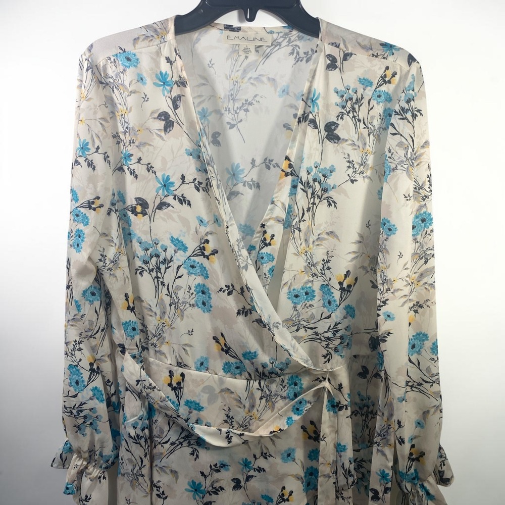 Emaline Floral Wrap Blouse Cream Blue Yellow Ruffle Cuff Long Sleeve Top Large